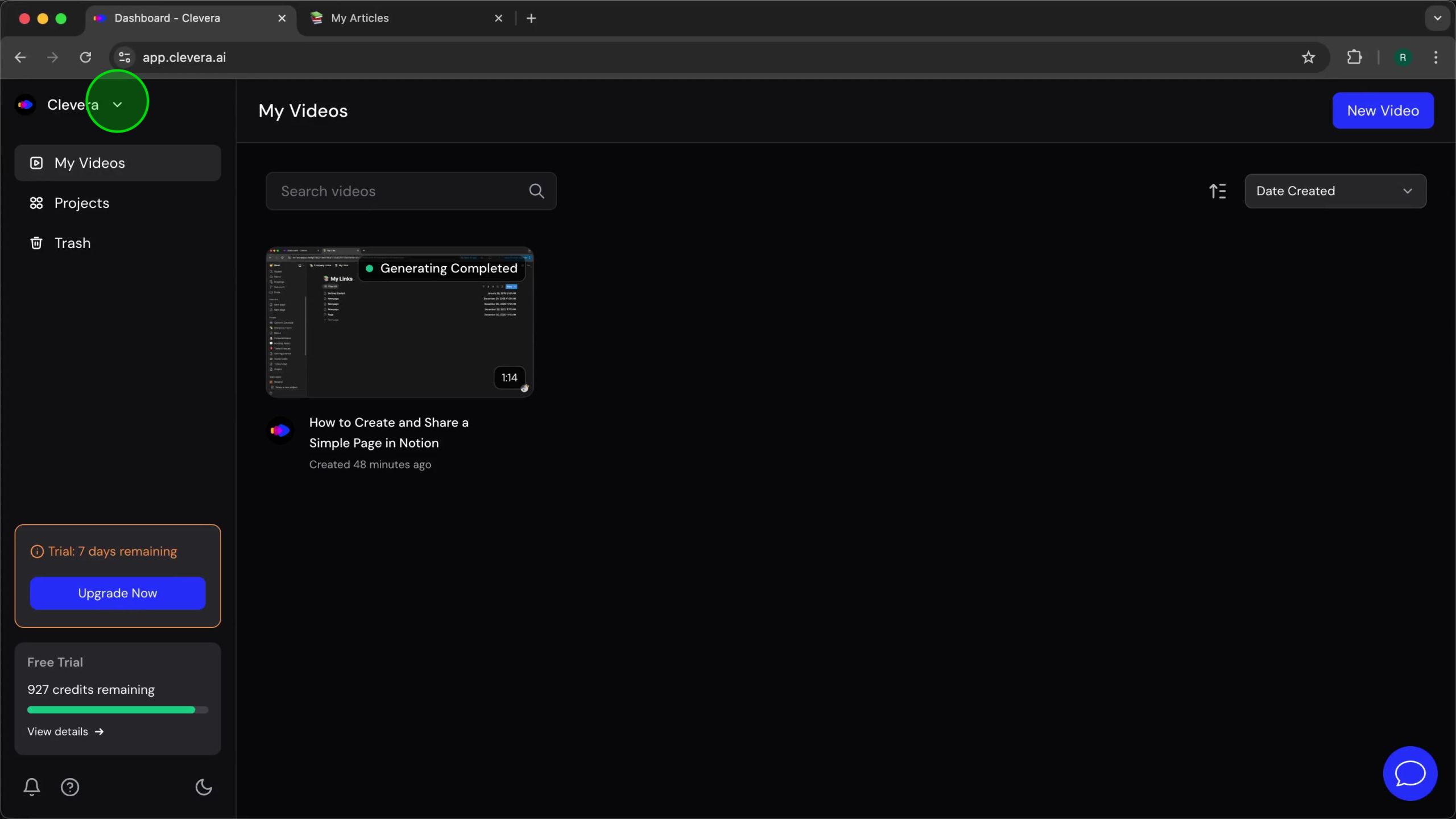 Clevera dropdown menu in the top-left corner